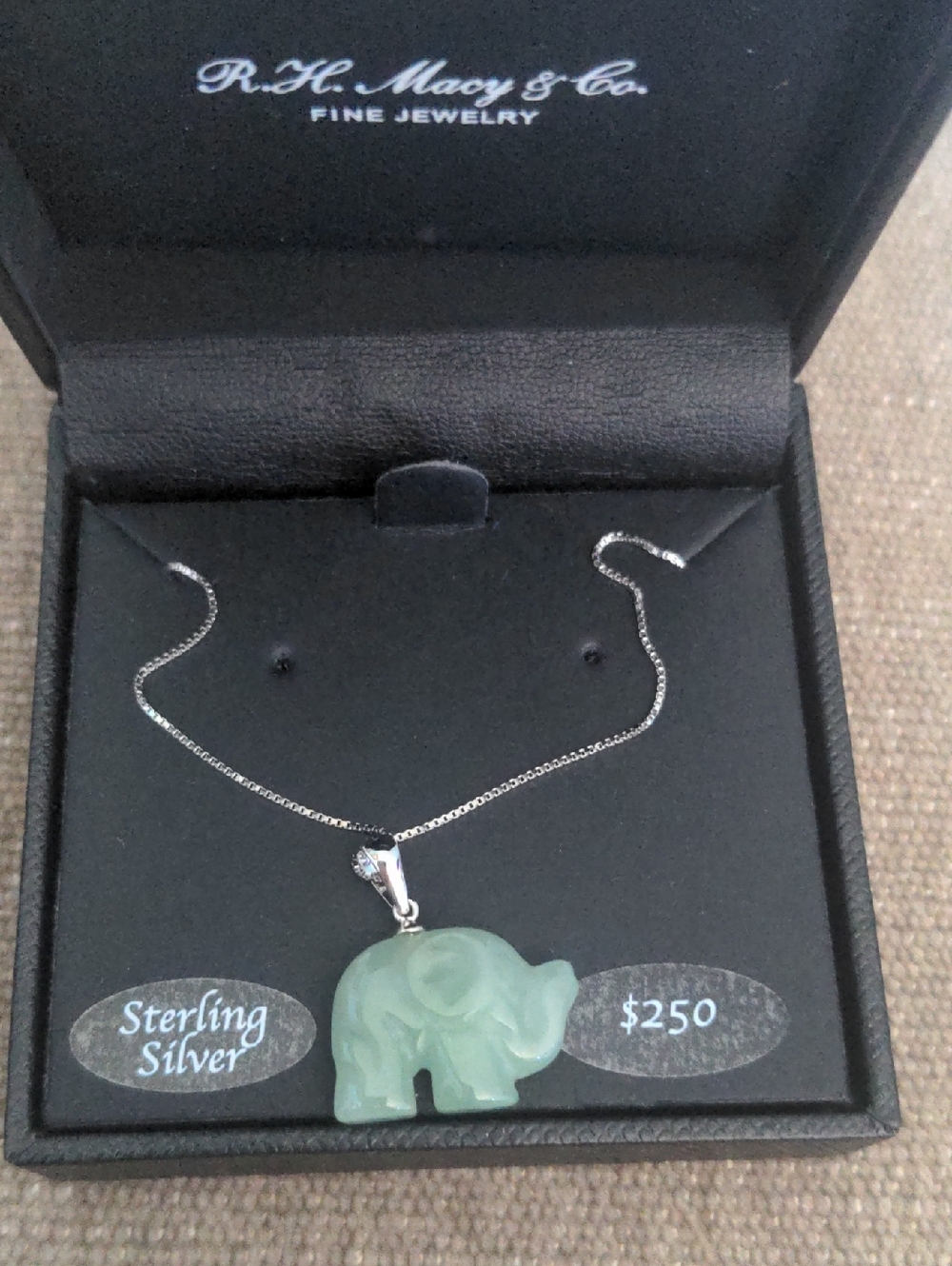 Sterling Silver Green Jade Elephant Pendant Necklace , Macy's, Dainty, Good Luck